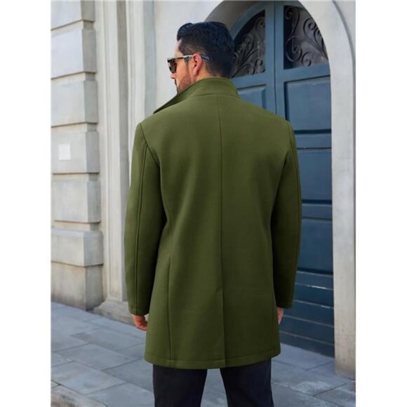 Mens Pea Coats Single Breasted with Pockets Green - Picture 3 of 5